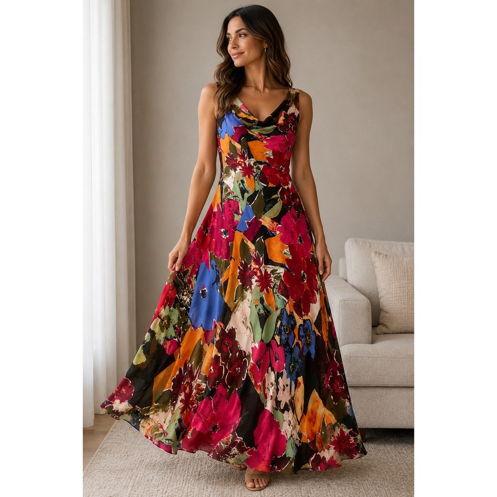 Signature by Robbie Bee Floral Maxi Dress Cowl Neck Black Berry RB68729JP 10